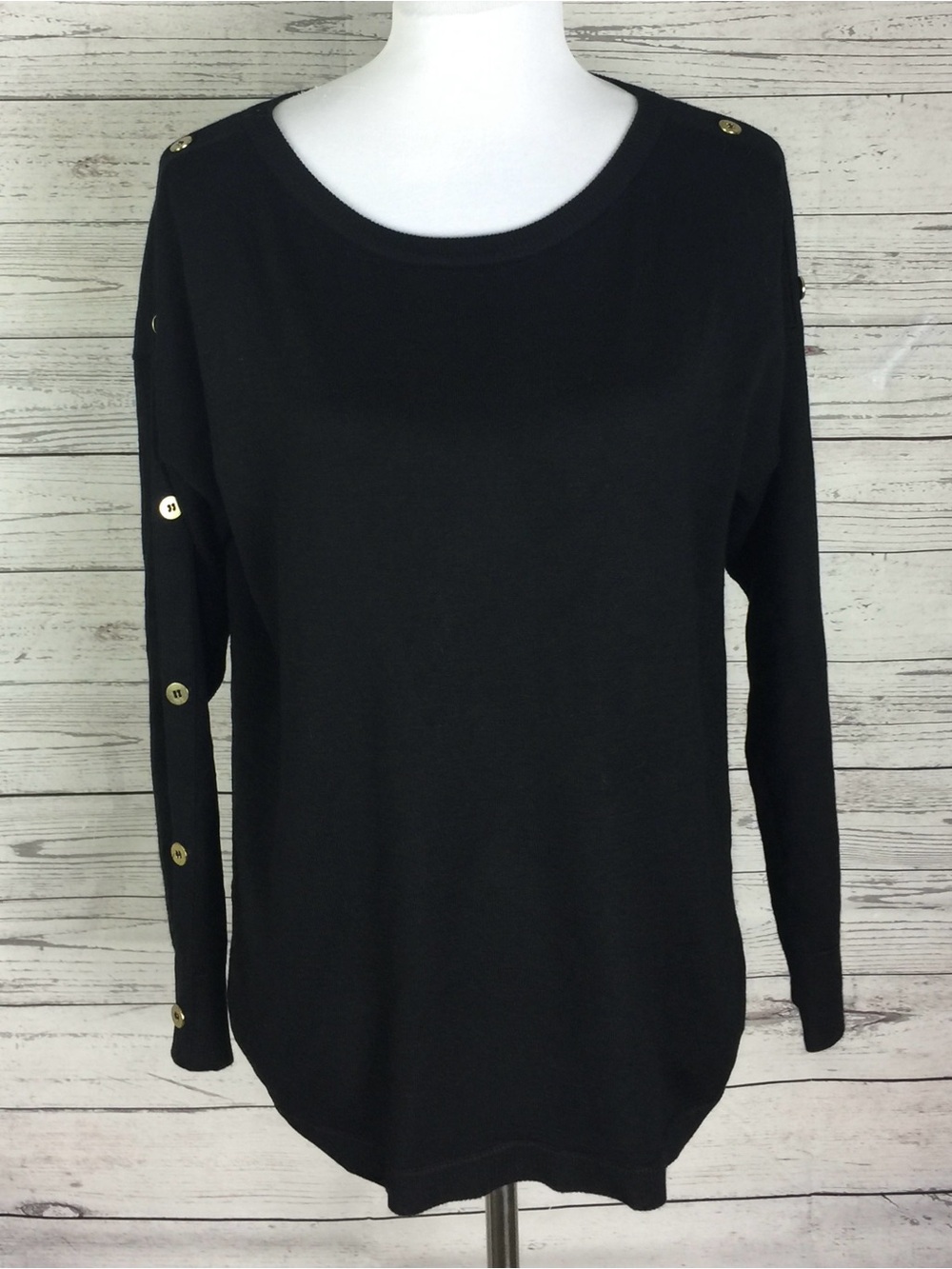 Cable & Gauge Petite Black Long Sleeve Sweater Size PXL Gold Button Detail